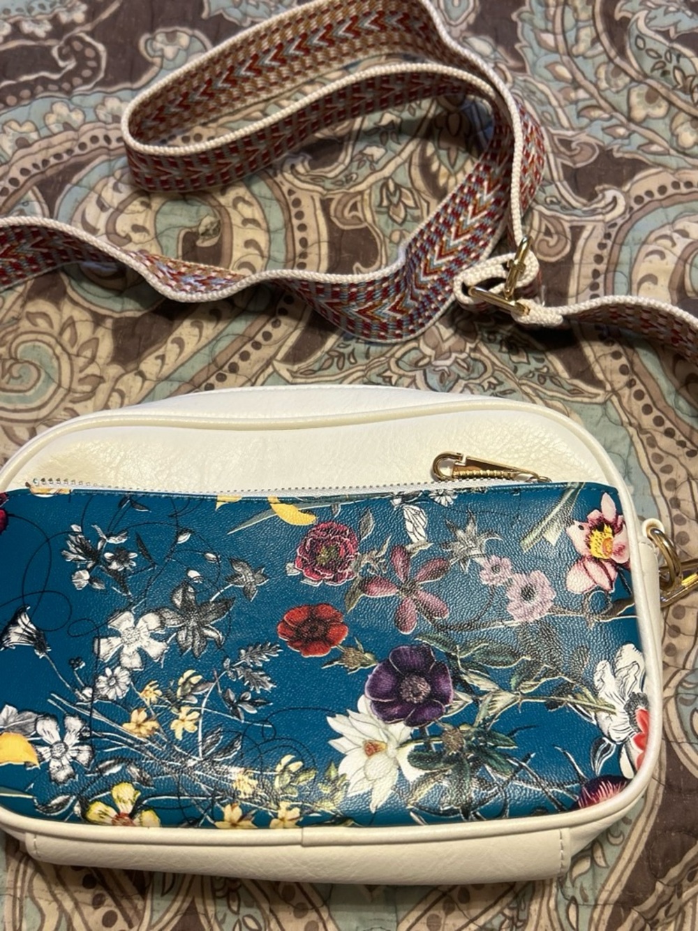 Floral Teal and White Crossbody Bag with Adjustable Woven Strap